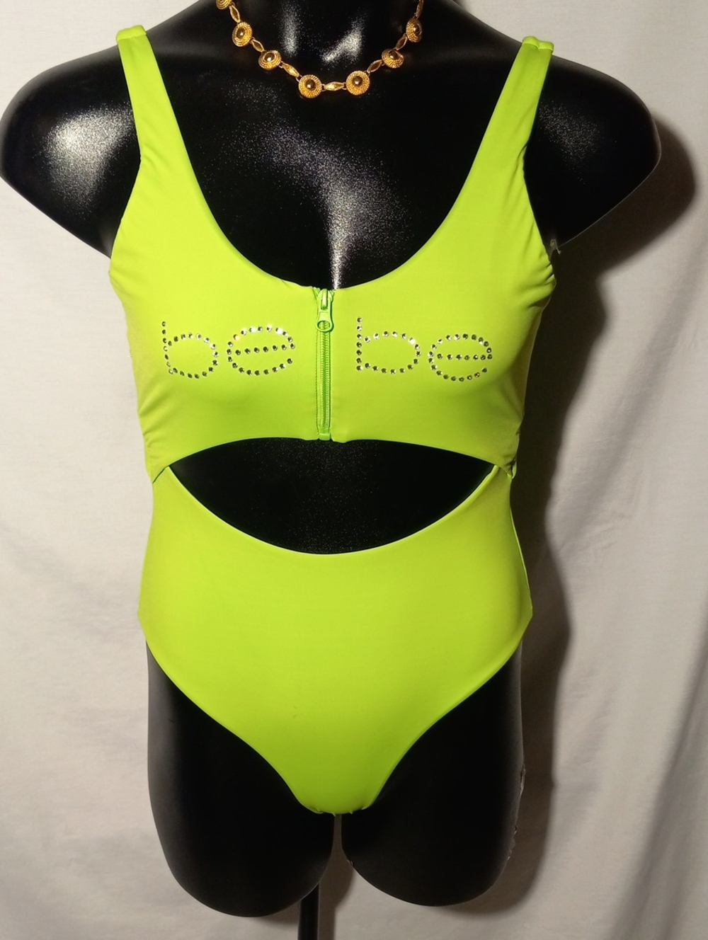bebe Neon Lime Cutout One-Piece with Rhinestone Logo